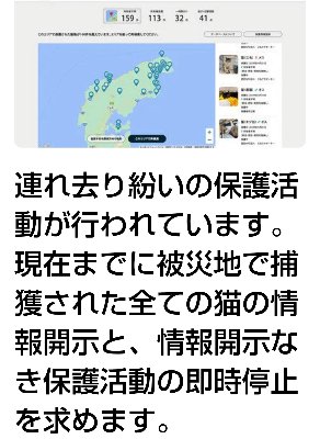【オンライン署名】連れ去り紛いの保護活動が行われています。現在までに被災地で捕獲された全ての猫の情報開示と、情報開示なき保護活動の即時停止を求めます。 開始日 2024年5月19日